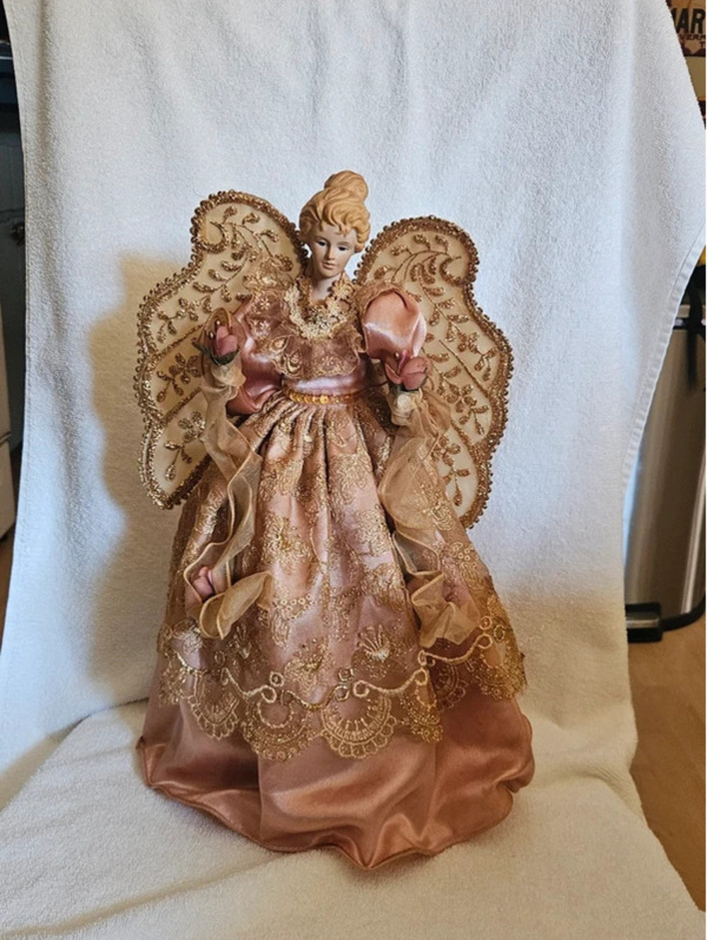VTG Kmart 17" Angel Tree Topper Coral Peach Gold Fairy Whimsical Christmas